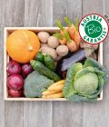 Obsthaus Bio-Kochgemüse-Kiste auf Holzboden mit allerlei Kochgemüse in Bioqualität